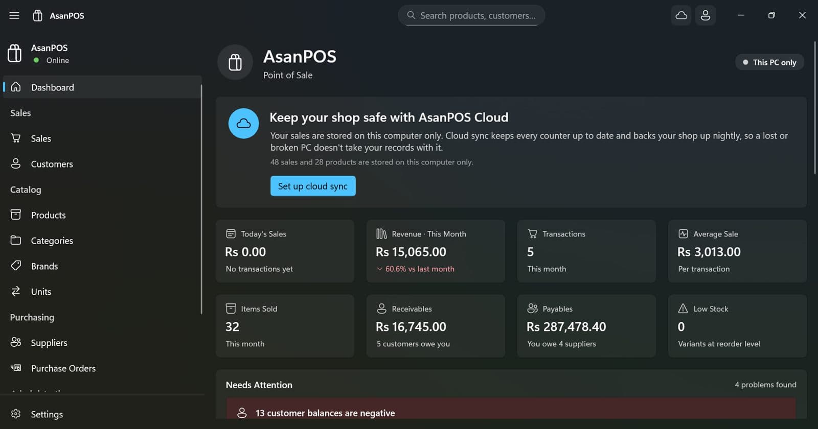The AsanPOS dashboard showing today's sales, revenue for the month, transactions, average sale, items sold, receivables, payables and low stock, above a Needs Attention list.