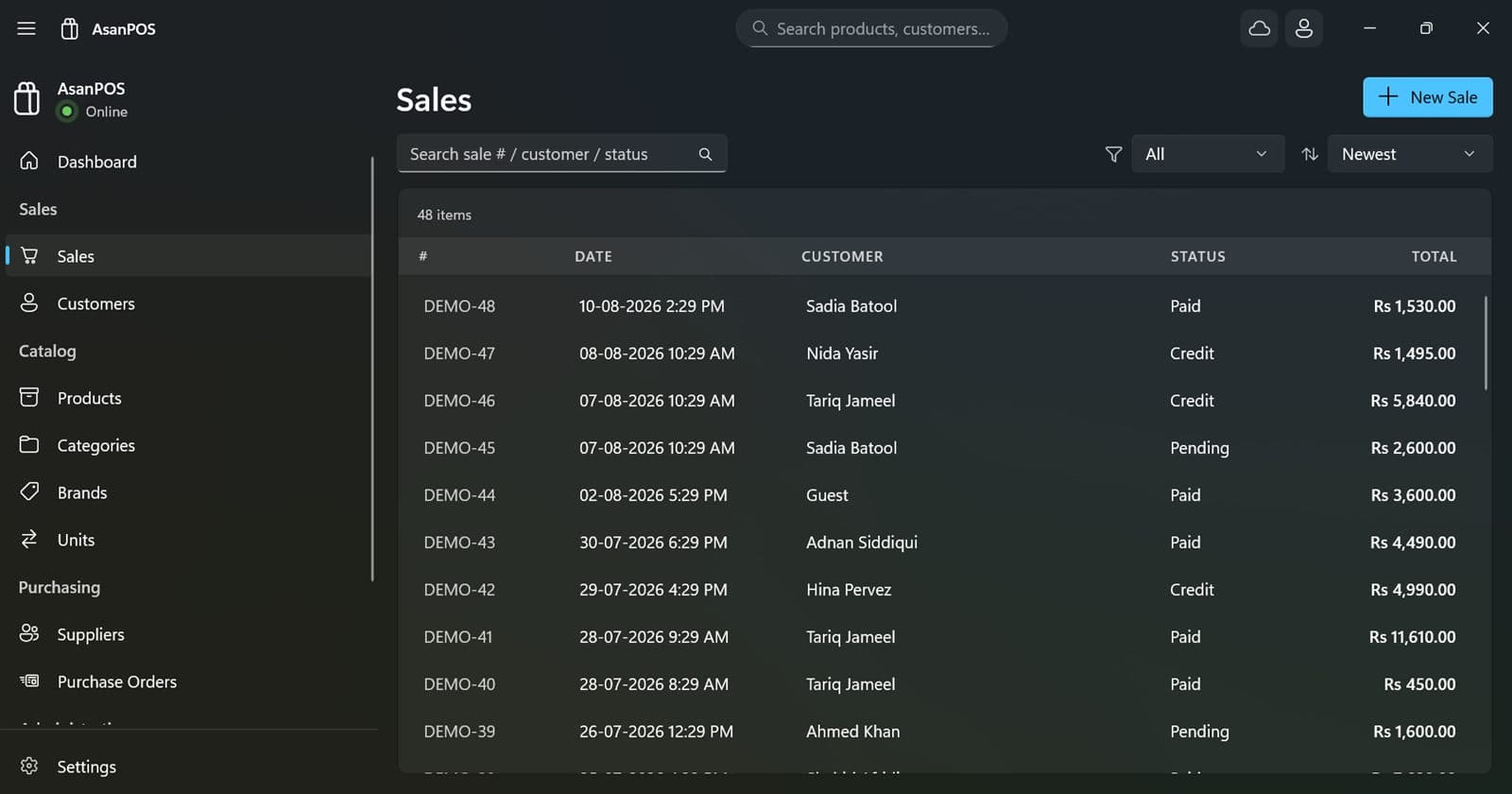 The sales list showing invoice numbers, dates, customers, payment status and totals, with a search box above.