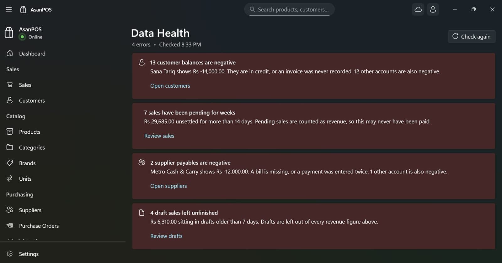 The Data Health page listing problems found in the shop's records, each with a plain-English explanation and a link to the affected records.